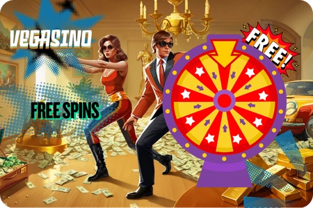 Vegasino Casino free spins promotion page listing welcome, reload, VIP and challenge spin packages for AU players