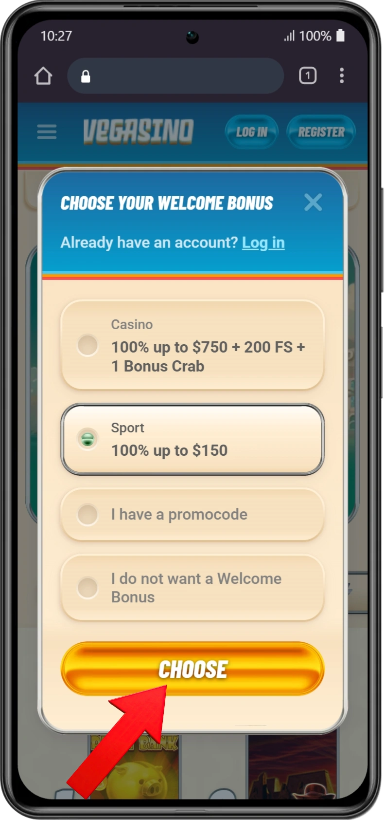 Vegasino casino bonus selection during registration