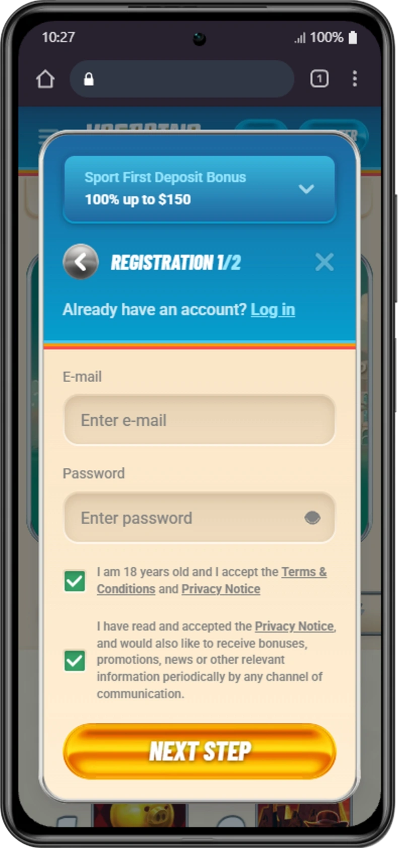 Vegasino no deposit bonus code registration form