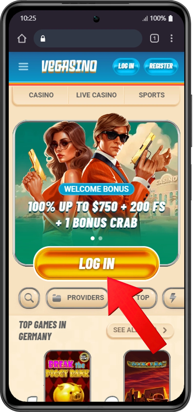 Vegasino Casino Australia homepage with Join Now button